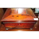 ROSEWOOD SARCOPHAGUS SHAPED TRINKET BOX WITH HINGED LID STANDING ON BUN FEET