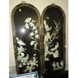 PAIR OF ARCHED TOP BLACK LACQUERED PLAQUES DECORATED WITH MOTHER OF PEARL TYPE WORK DEPICTING