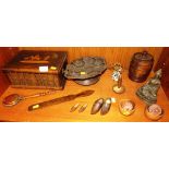 OLIVE WOOD TOBACCO JAR MARKED 'JERUSALEM', TWO CARVED NUTS, WOODEN TRINKET BOX, BLACK FOREST STYLE