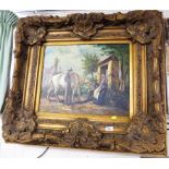 OIL ON CANVAS COUNTRY SCENE WITH HORSE AND TWO FIGURES IN HEAVILY MOULDED DEEP GILT FRAME