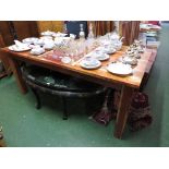 LARGE RECTANGULAR RED WOOD DINING TABLE STANDING ON SQUARE LEGS AND SIX MATCHING CHAIRS
