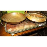 ELECTROPLATED GALLERIED TRAY, EMBOSSED COPPER BOWL STAMPED 'HECHO MANO' AND ONE OTHER COPPER BOWL