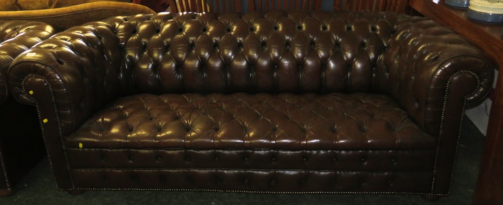 THREE SEATER CHESTERFIELD SOFA AND MATCHING ARMCHAIR IN BROWN LEATHER EFFECT BUTTON BACK UPHOLSTERY - Image 2 of 2