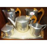 PICQUOT WARE FIVE PIECE TEA AND COFFEE SET PRESENTED ON TRAY