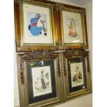 FOUR FRAMED AND MOUNTED REPRODUCTION FASHION PRINTS IN BURNISHED EFFECT FRAMES