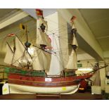 PAINTED WOODEN MODEL OF FIVE MASTED GALLEON WITH CLOTH SAILS