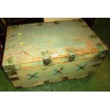 PALE GREEN PAINTED PINE LIFT TOP TRUNK WITH DECORATIVE STENCIL WORK