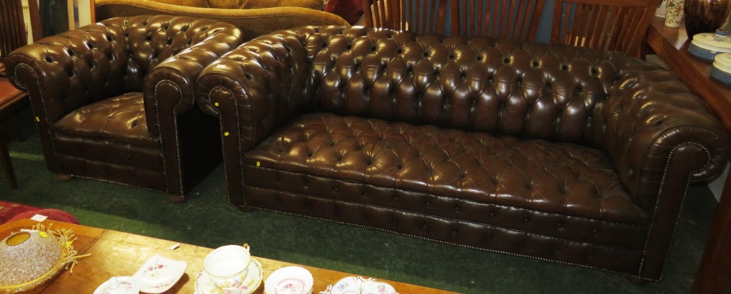 THREE SEATER CHESTERFIELD SOFA AND MATCHING ARMCHAIR IN BROWN LEATHER EFFECT BUTTON BACK UPHOLSTERY