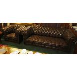 THREE SEATER CHESTERFIELD SOFA AND MATCHING ARMCHAIR IN BROWN LEATHER EFFECT BUTTON BACK UPHOLSTERY