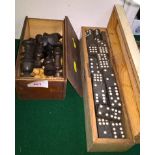 TURNED WOODEN CHESS PIECES (HEIGHT OF KING 8.2CM) IN WOODEN BOX WITH SLIDING LID, AND BOX OF