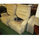 PAIR OF SHERBORNE ELECTRIC LIFT AND RISE RECLINING ARMCHAIRS AND MATCHING POUFFE IN BEIGE