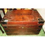 SMALL STAINED WOODEN TRUNK WITH CANDLE BOX WITHIN, METAL BANDING'S AND STENCILLED NAME TO TOP