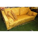 BRIGHTS OF NETTLEBED THREE SEATER KNOWLE STYLE SOFA IN GOLD COLOURED FOLIATE SELF PATTERNED