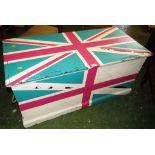 WOODEN TRUNK WITH HINGED LID PAINTED WITH UNION JACK IN PINK, GREEN AND WHITE