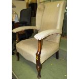 LATE 19TH TO EARLY 20TH CENTURY LOW MAHOGANY FRAMED CLUB ARMCHAIR WITH FRONT CABRIOLE LEGS, WINGBACK