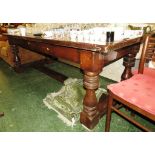 SUBSTANTIAL OAK REFECTORY TABLE ON STOUT BALUSTER TURNED LEGS AND STRETCHERS