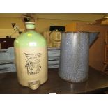 STONEWARE BOTTLE AND LARGE ENAMELLED JUG (A/F)