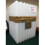 OPAQUE WHITE GLASS JEWELLERY CASKET, RIBBED AND OF SQUARE FORM WITH GILT BRASS MOUNTS