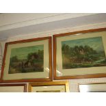 PAIR OF FRAMED AND GLAZED COLOUR LANDSCAPE PRINTS WITH HORSES AND COTTAGES