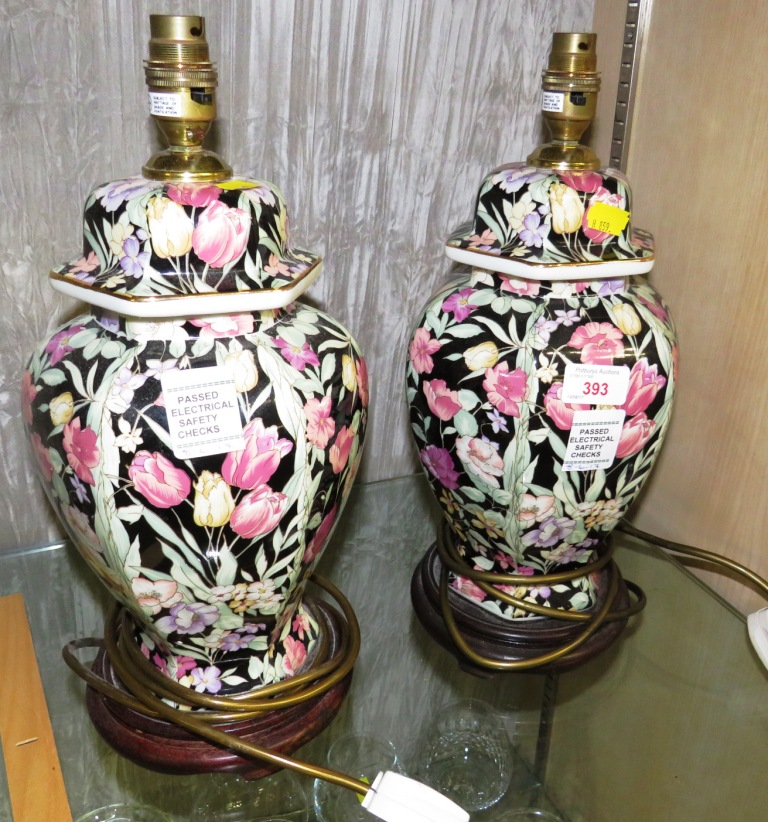 PAIR OF OCTAGONAL BALUSTER CERAMIC TABLE LAMP BASES TRANSFER DECORATED WITH FLOWERS