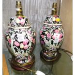 PAIR OF OCTAGONAL BALUSTER CERAMIC TABLE LAMP BASES TRANSFER DECORATED WITH FLOWERS