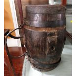 SMALL IRON BANDED OAK BARREL WITH HANDLE