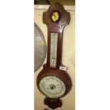 MAHOGANY MOUNTED ANEROID BAROMETER AND THERMOMETER