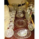 GEORGE VI CORONATION GLASS BOWL, STOPPERED GLASS DECANTERS AND OTHER MIXED GLASSWARE