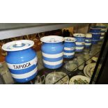T.G. GREEN BLUE AND WHITE STRIPED STORAGE JARS AND TWO OTHERS