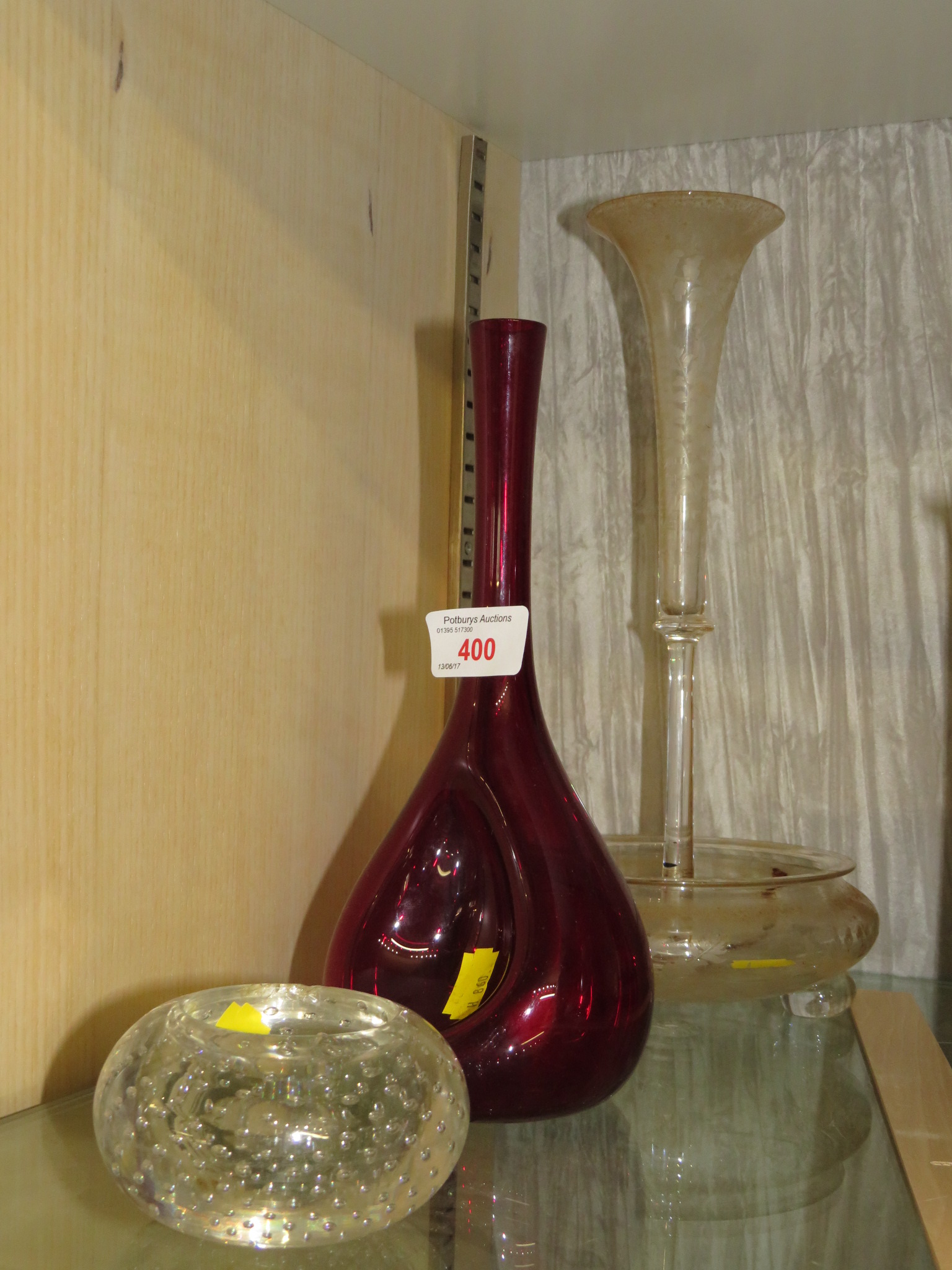 GLASS EPERGNE ETCHED WITH LEAVES, RUBY GLASS VASE MARKED 'MADE IN SWEDEN' AND SMALL BUBBLE GLASS