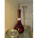 GLASS EPERGNE ETCHED WITH LEAVES, RUBY GLASS VASE MARKED 'MADE IN SWEDEN' AND SMALL BUBBLE GLASS