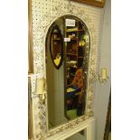 ARCH TOP BEVELLED MIRROR IN CREAM PAINTED WROUGHT METAL FRAME WITH TWO ELECTRIC LIGHT SCONCES