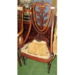 INLAID MAHOGANY BEDROOM CHAIR WITH SWEPT SCROLLED ARMS (A/F)