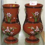 PAIR OF CERAMIC VASES OF TERRACOTTA COLOUR AND PAINTED WITH FLOWERS, MARKED 'WATCOMBE PORCELAIN'