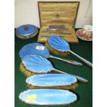 SILVER CLAD AND BLUE ENGINE TURNED ENAMEL DRESSING TABLE SET - FOUR BRUSHES, HAND MIRROR, POWDER