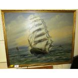 FRAMED OIL ON BOARD OF SAILING SHIP, SIGNED LOWER RIGHT