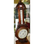 CARVED OAK MOUNTED BAROMETER THERMOMETER WITH ENAMELLED FACE