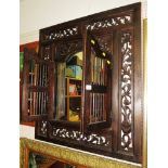 STAINED CARVED OAK WALL MIRROR WITH SLATTED DOORS