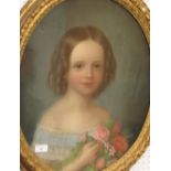 Pastel portrait of girl holding roses, unsigned, probably 19th century, (53cm x 43cm) glazed and