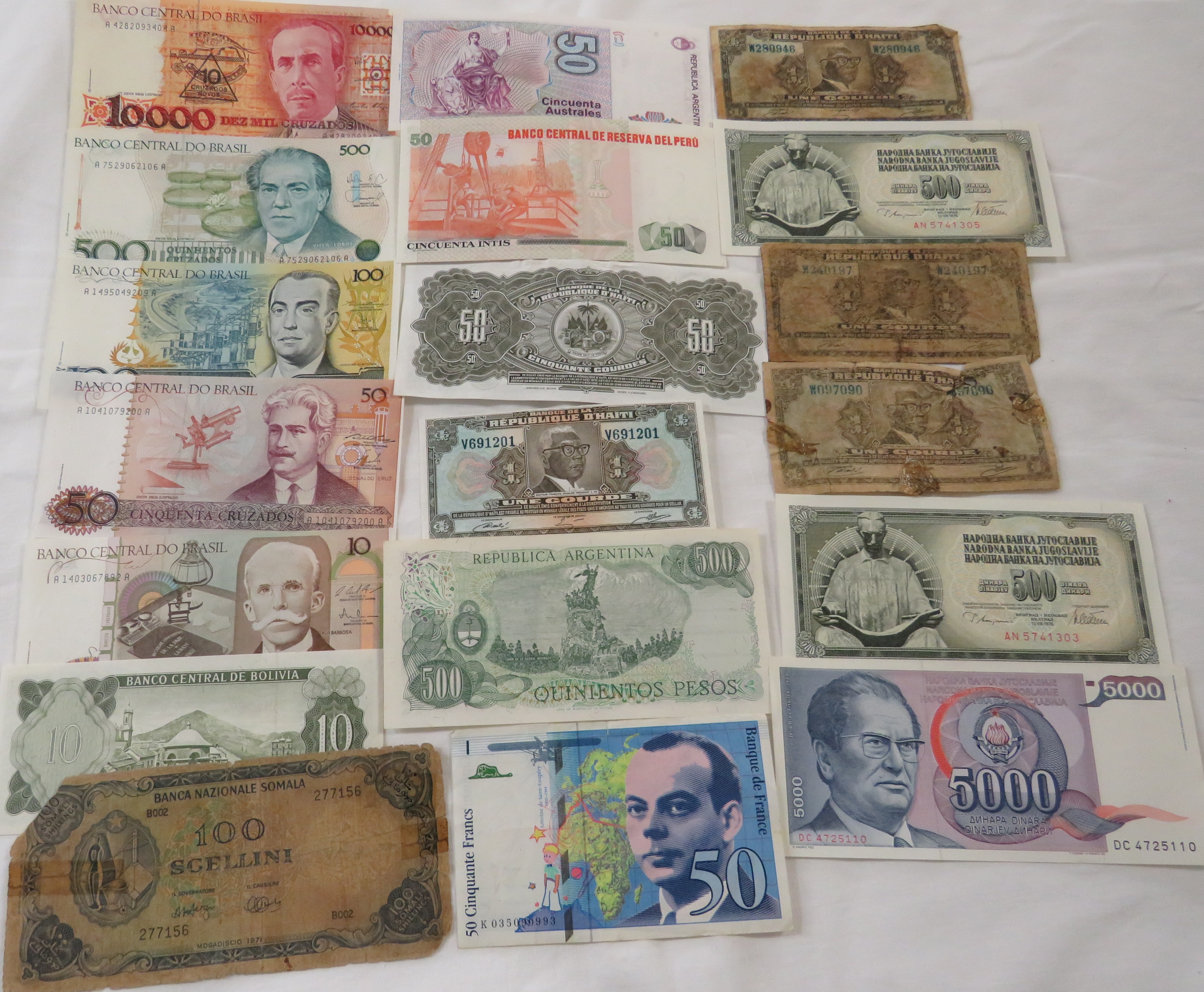 Five unused bank notes of Brazil (1000, 500, 100, 50 and 10 cruzados), unused Central Bank of