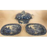 19th century pottery sauce tureen and ladle with two oblong dishes transfer decorated in blue and