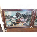 Pair of Japanese reverse glass painted scenes depicting gardens with decoupage figures, the back