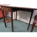 Oak Pembroke type gate-leg tea table with folding square top, the single drawer with brass