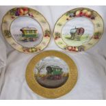 Three D.R.B. bone china hand painted plates by David Bowkett depicting gypsy wagons, diameter 26cm