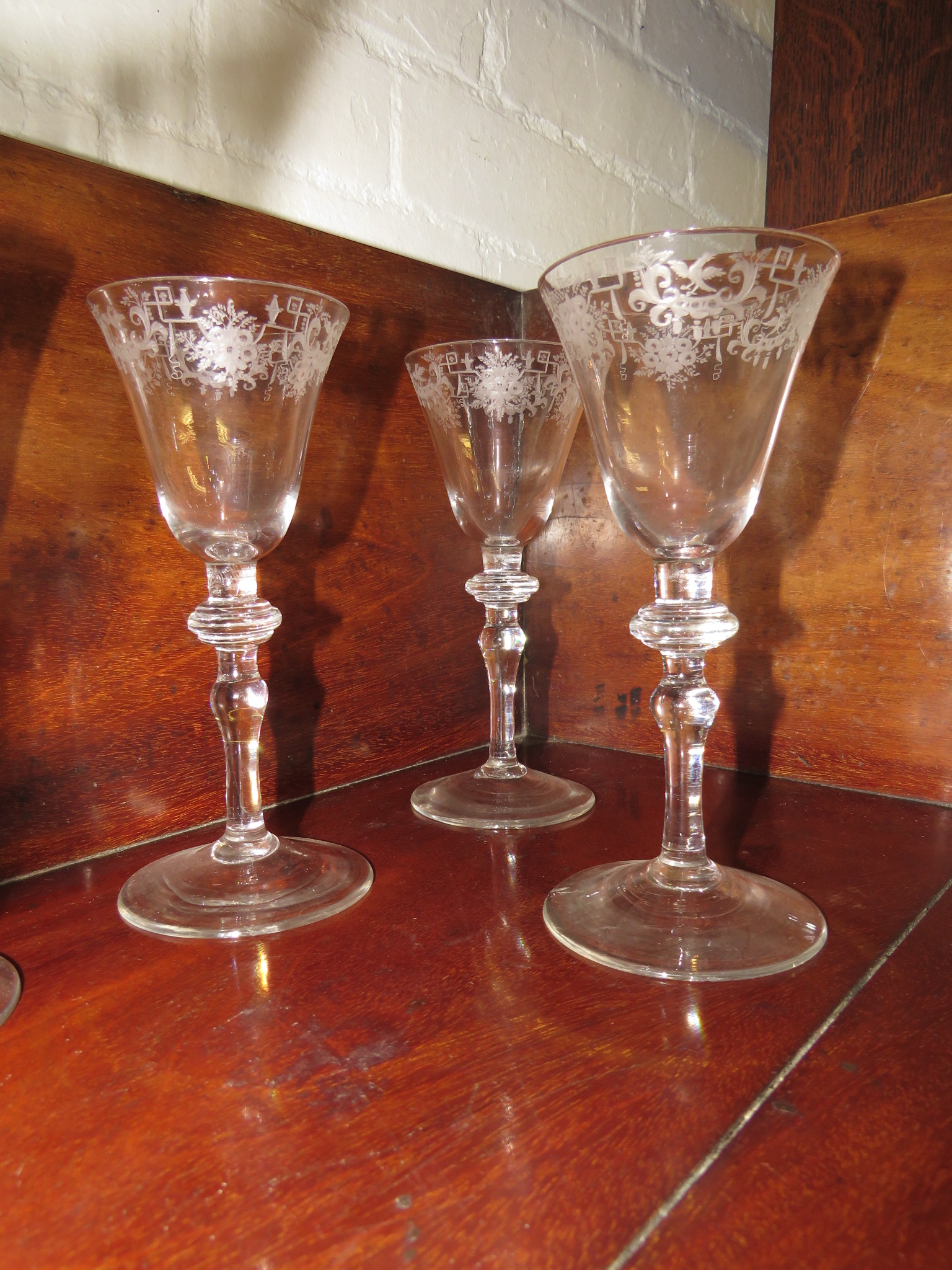 Six goblets with conical bowls etched towards the mouth with a border of geometric lines and - Image 3 of 3