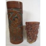 Japanese style bamboo brush pot or vase carved with armoured warrior wielding sword and stylized