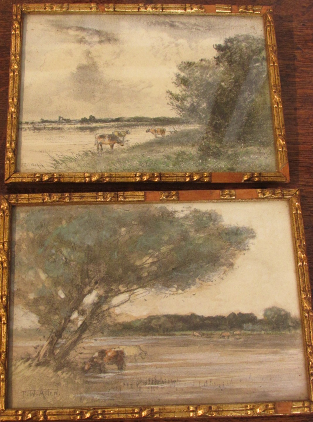 Two watercolour and graphite sketches of watering cattle, each 12.5cm x 17.5cm and signed T. W.
