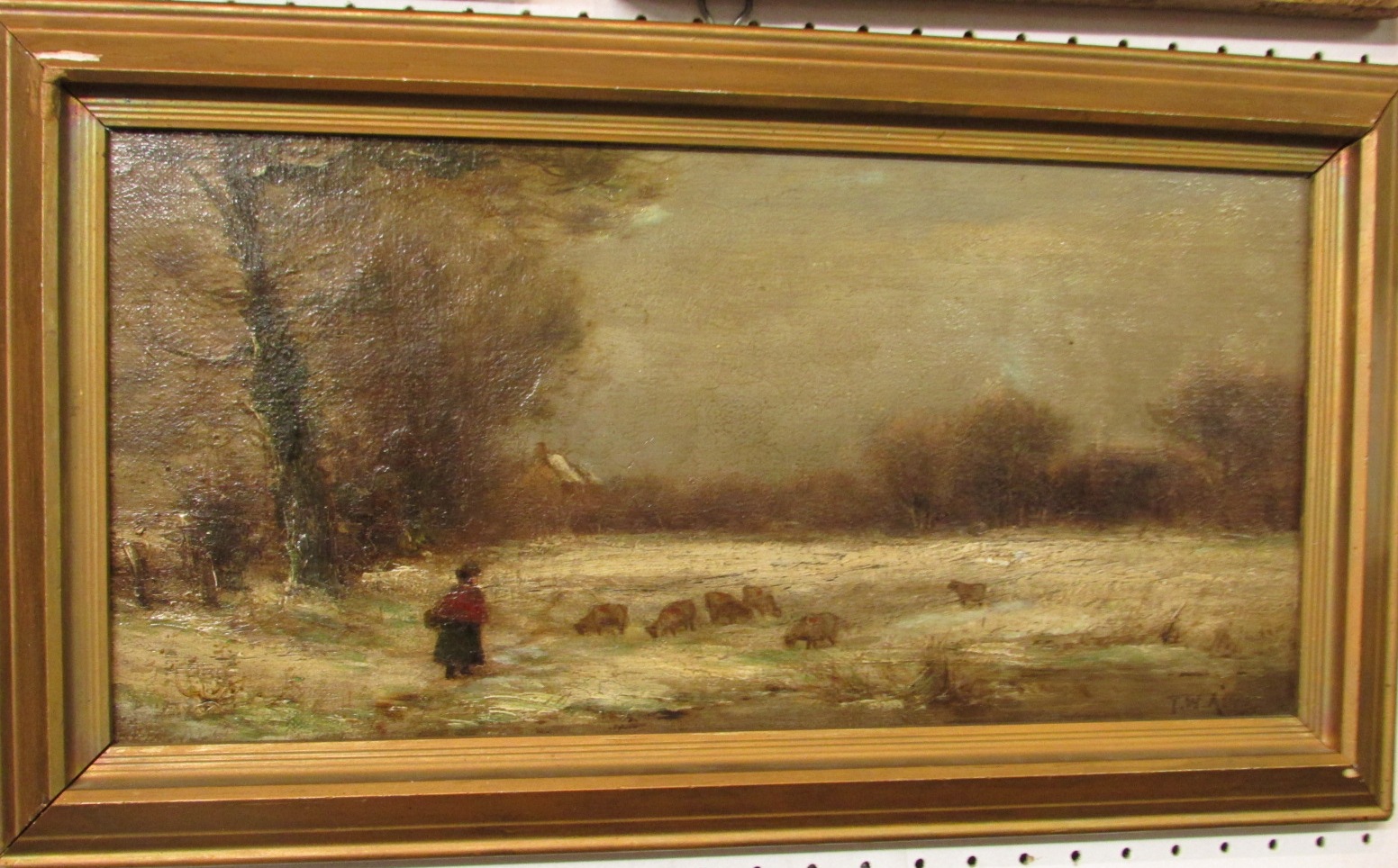 Shepherdess and sheep in winter landscape, oil on canvas (18.5cm x 38.5cm), signed T.W. Allen