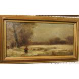 Shepherdess and sheep in winter landscape, oil on canvas (18.5cm x 38.5cm), signed T.W. Allen