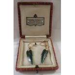 Pair of 9ct gold mounted pendant earrings carved as leaves in a green stone resembling spinach